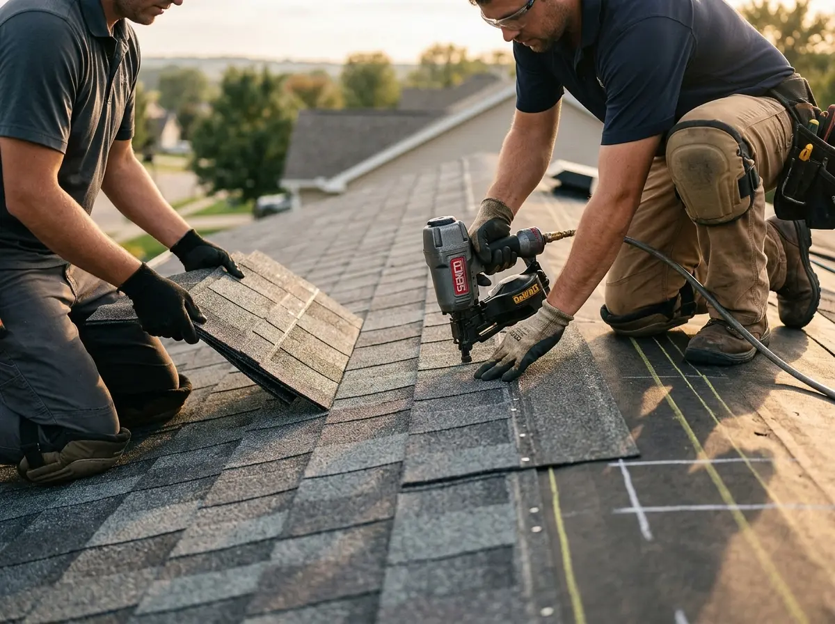 Professional roofer working on a residential roof in The Villages
